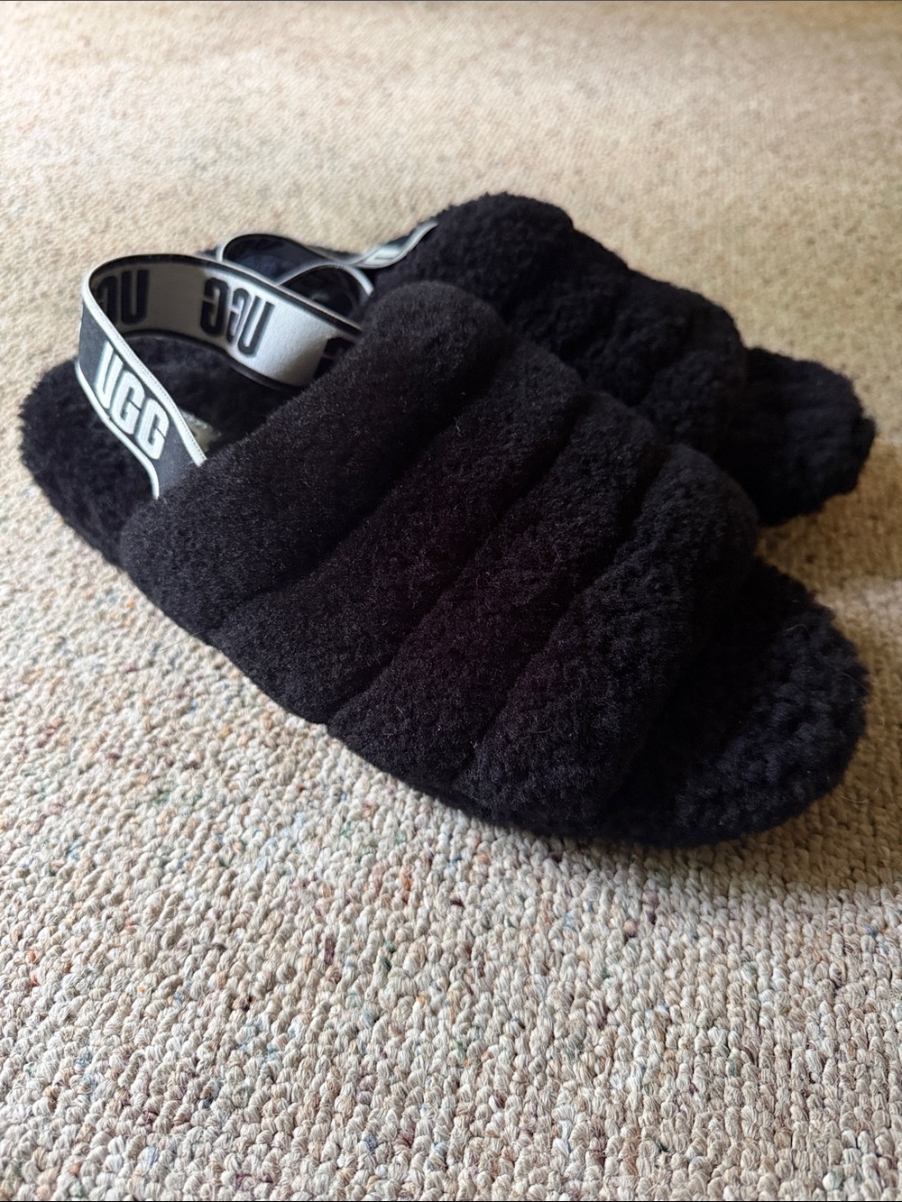 UGG Black Shearling Quilted Slide Sandals with Branded Heel Strap